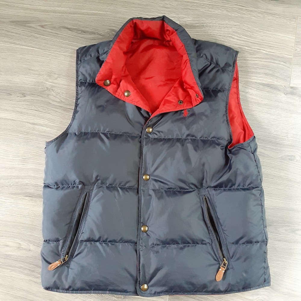 Polo Ralph Lauren Reversible Puffer Vest Navy Blue Red Men Down Quilted Snap L